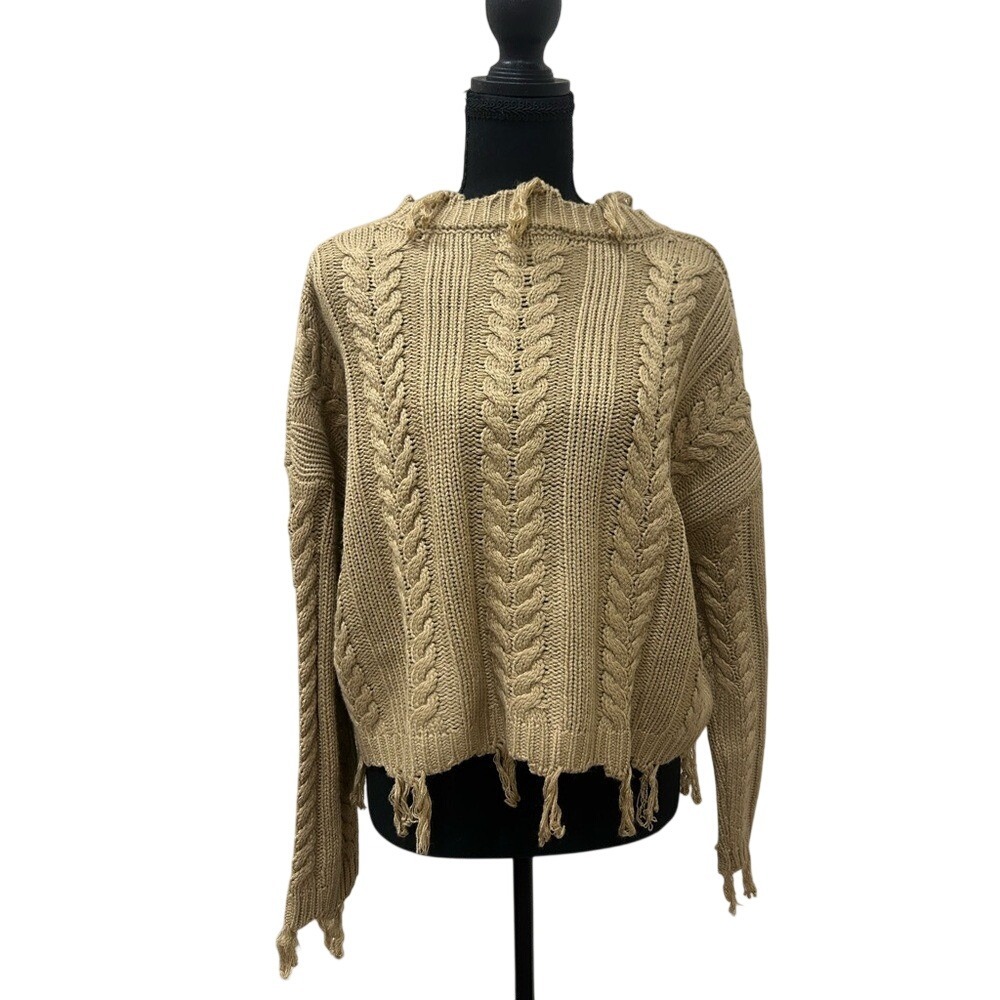 Altar'd State Chunky Cable Knit Sweater with Fringe Hem - Tan/Beige‎